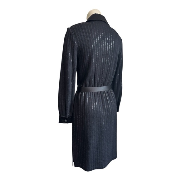 ST JOHN Evening Black Long-Sleeve Belted Shirt Dress • Sparkle Knit • Satin NWT - Picture 5 of 17